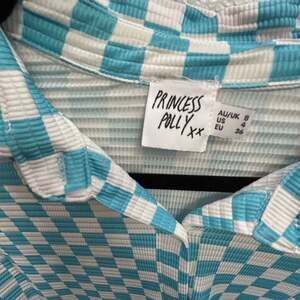 Princess Polly Blue and White Checkered Ribbed Button Up Long Sleeve Shirt